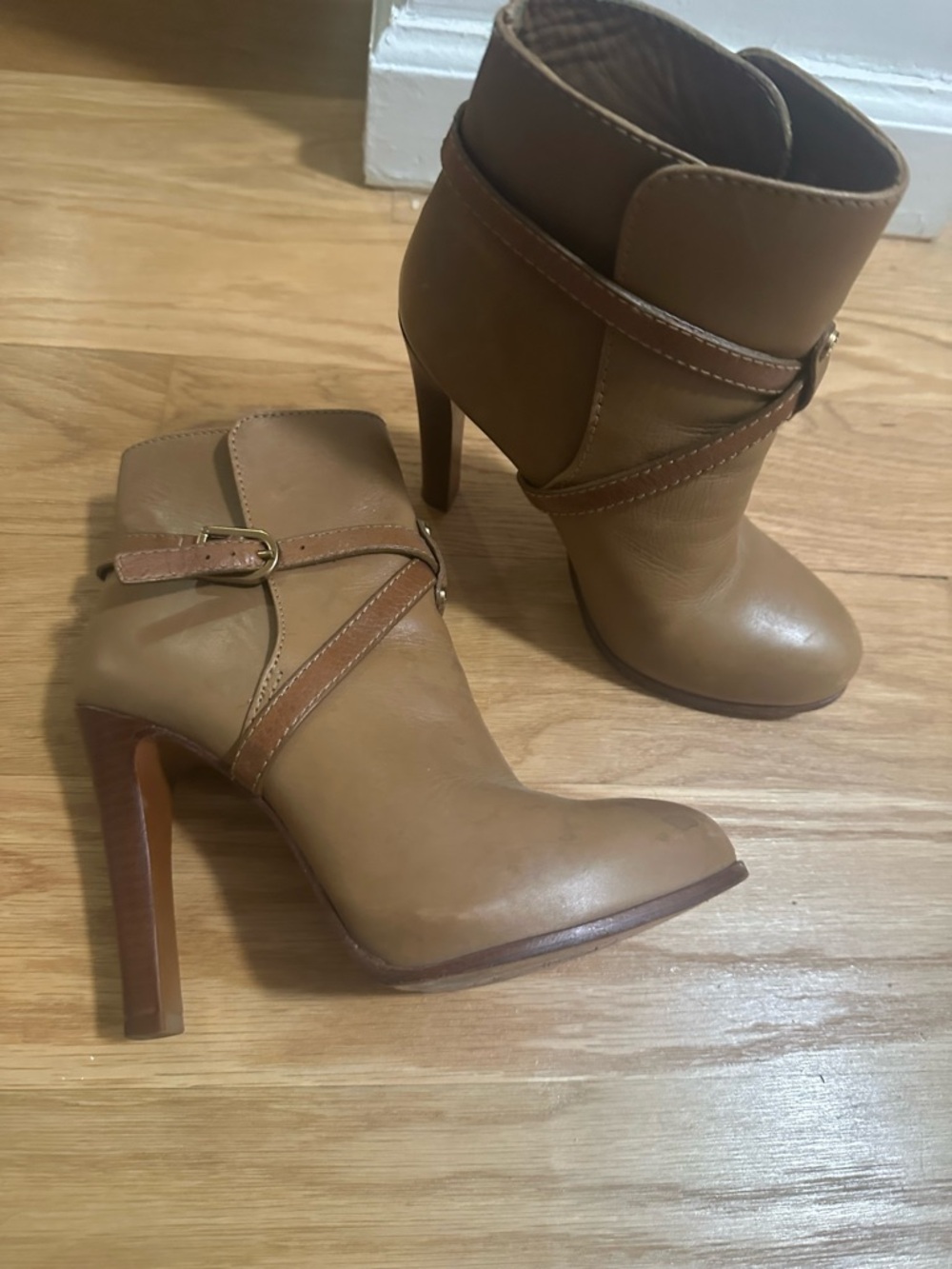 Tory Burch Tan Leather High-Heel Ankle Boots with Strap